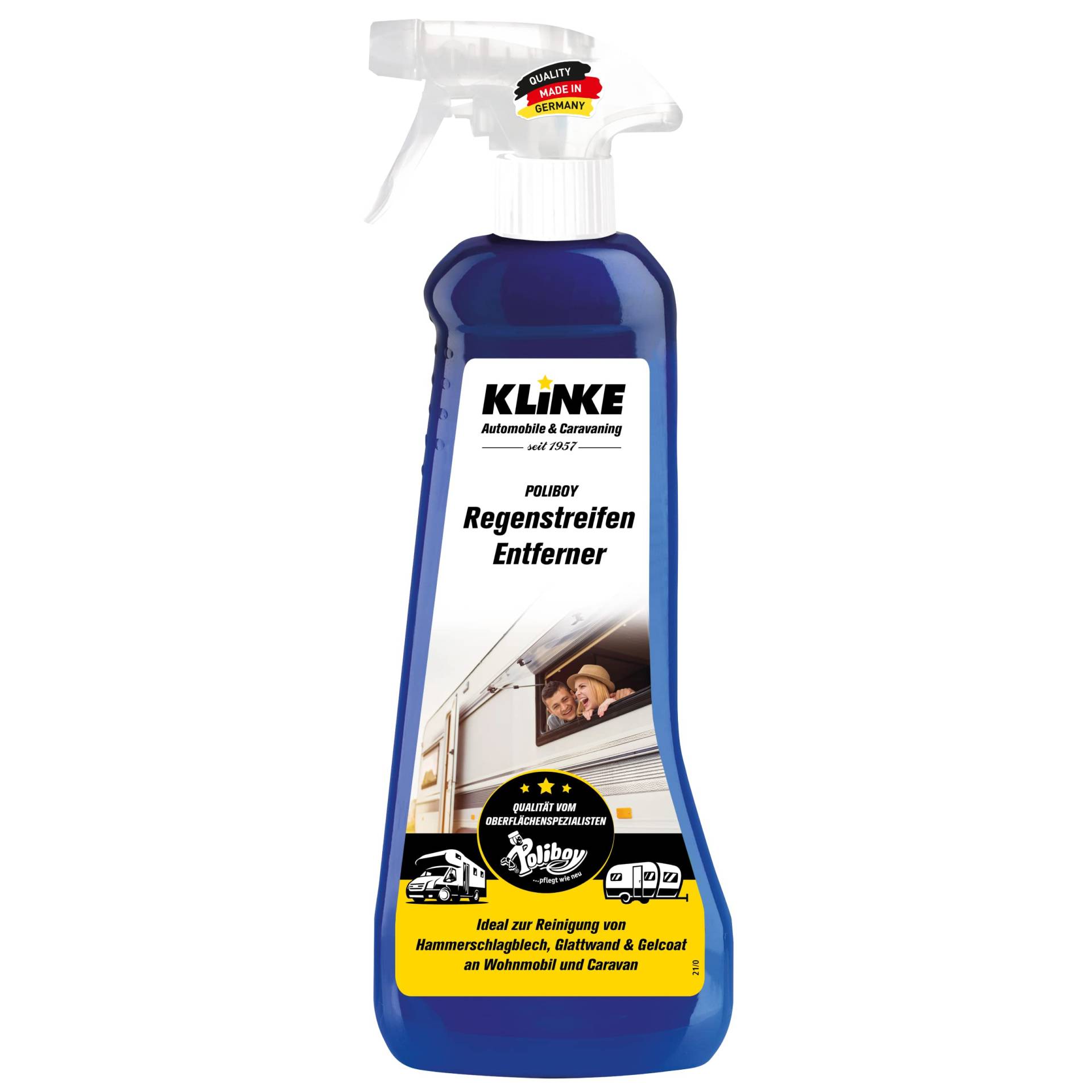 Poliboy Klinke Regenstreifen Entferner für Wohnmobile & Caravan - entfernt Regenstreifen, Öl, Fett, Teer, Straßen-& Umweltschmutz - 500ml - Made in Germany von Poliboy ... pflegt wie neu