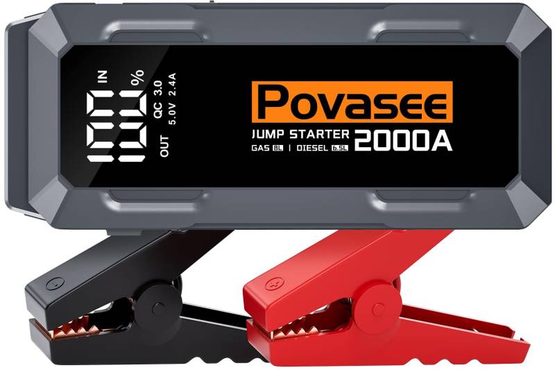 Povasee Starthilfe Powerbank, 2000A Spitzenstrom Auto Starthilfe Powerbank mit LCD Display, 12V Jump Starter mit USB Schnellladung und LED Taschenlampe (Bis zu 8L Benzin & 6.5L Dieselmotor) von Povasee