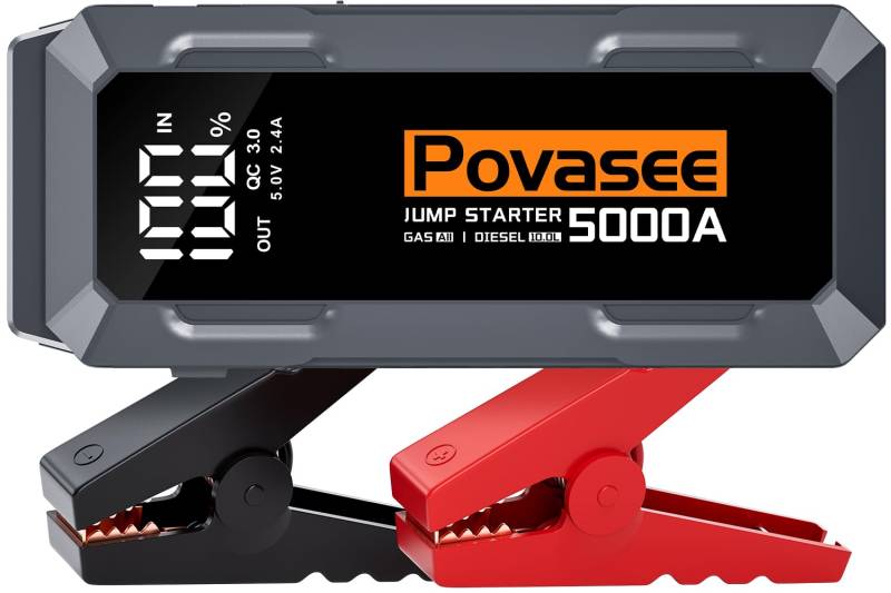 Povasee Starthilfe Powerbank, 5000A Starthilfe (bis zu Alle Benzin/10L Diesel) mit 3 Zoll LCD-Display, Starthilfe Auto mit 2 USB-Ausgängen, Starthilfekabel und LED, Jump Starter für 12V Fahrzeuge von Povasee