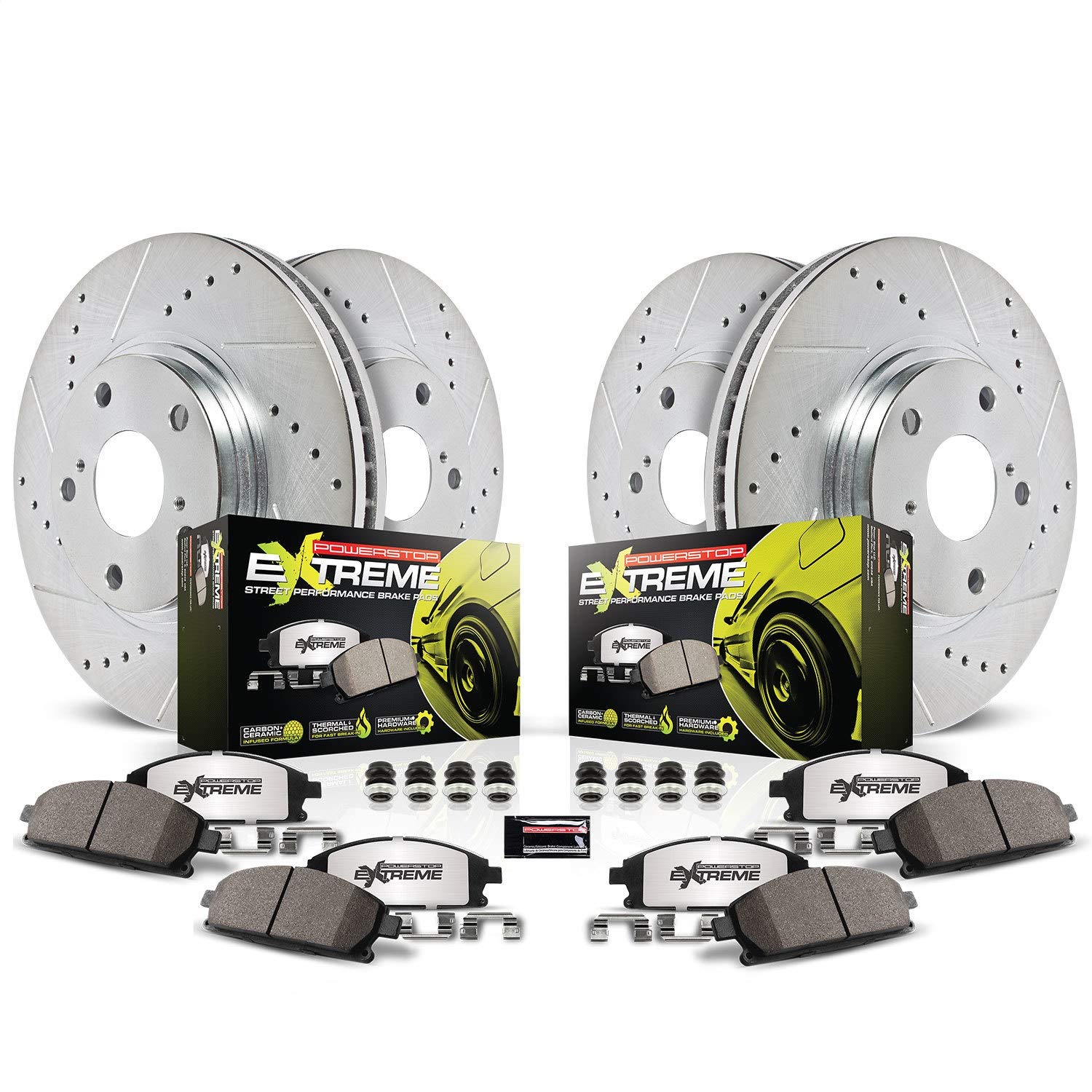 Power Stop K2853-26 Bremsbeläge für vorne und hinten, Z26, Kohlefaser, mit gebohrten und geschlitzten Bremsrotoren, Set [Doppelkolbenmodell] von Power Stop