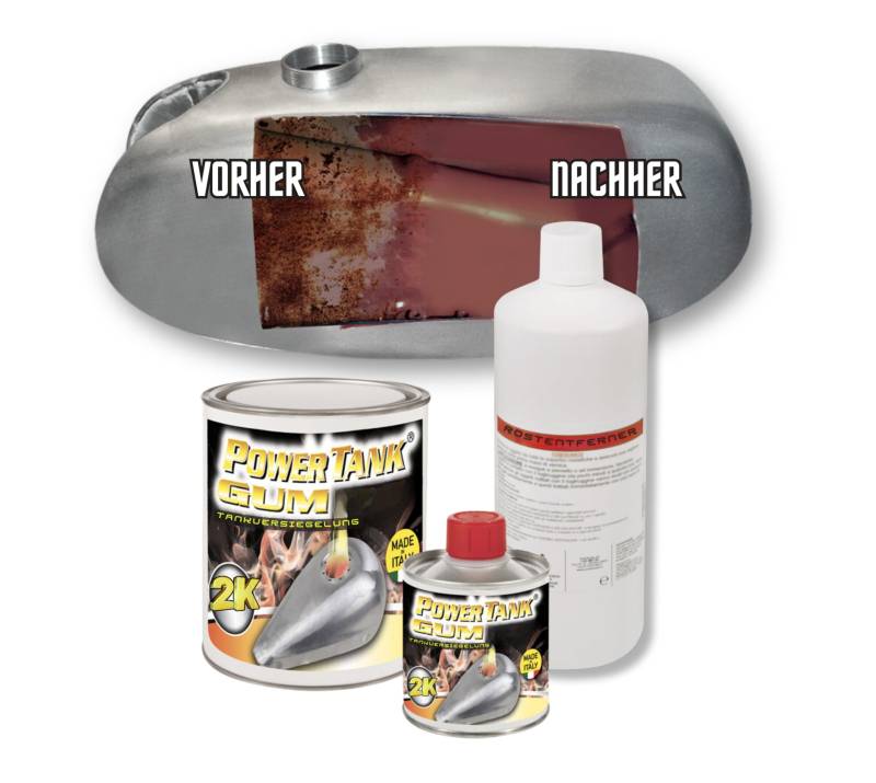 Power Tank Tankversiegelung Motorrad 2k Gum elastischen 700 g Set Tankentroster Innen Versiegelung Tanksanierung Rost Tank Entrosten Und Versiegeln Tankinnenlack Tankbeschichtung Rostlöser Auto Moped von Power Tank