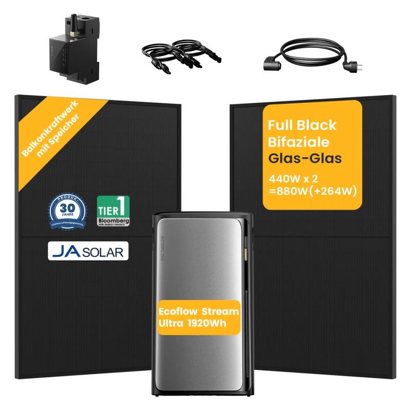 Balkonkraftwerk mit Speicher 1920Wh, EcoFlow Stream Ultra All-in-One Speicher mit Smarten Zähler und JaSolar 880W(+264W) Full Black Bifaziale Solarmodule für Balkonkraftwerk von Powerness