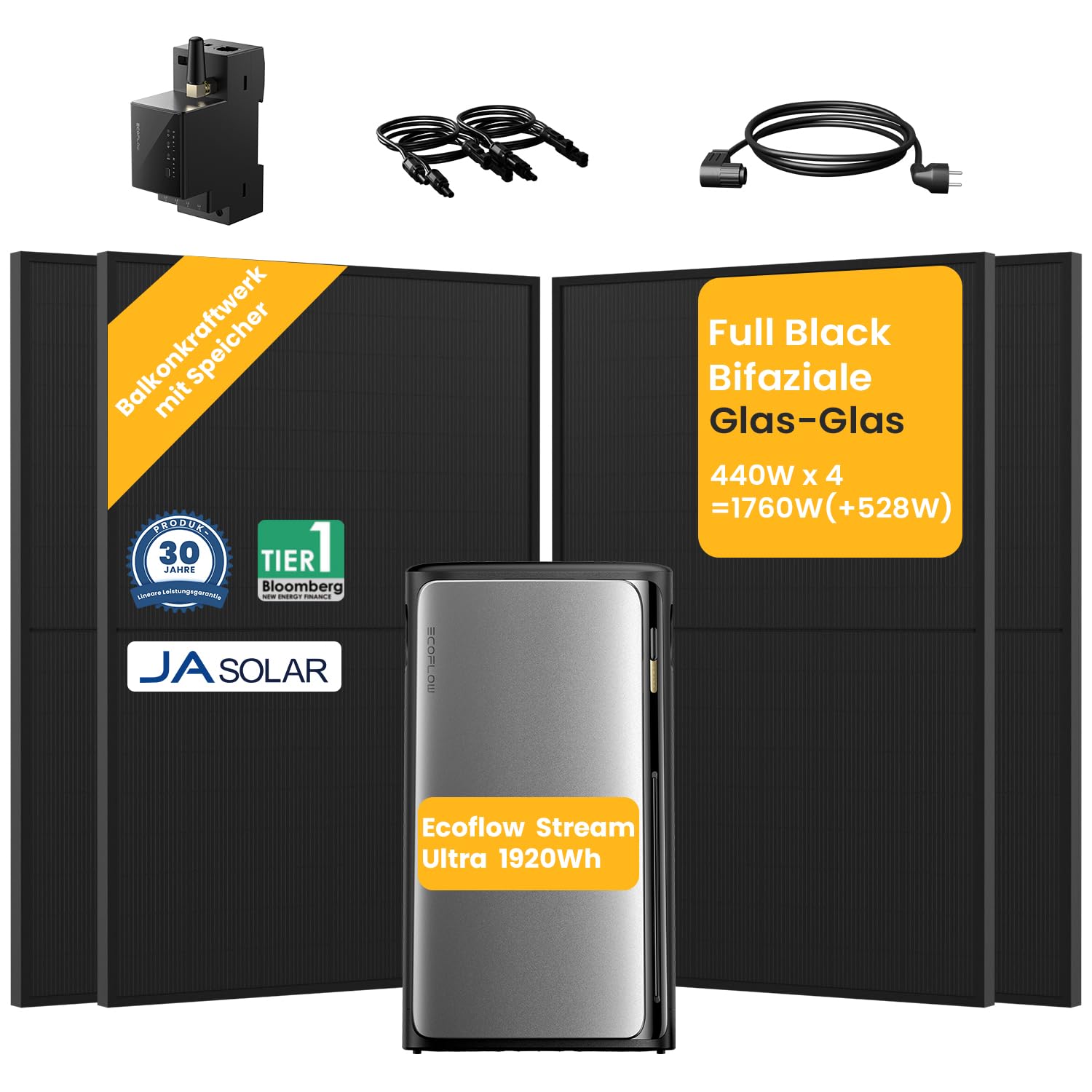 Balkonkraftwerk mit Speicher 1920Wh, EcoFlow Stream Ultra All-in-One Speicher mit Smarten Zähler und JaSolar Full Black Bifaziale1760W(+528W) Solarmodule für Balkonkraftwerk von Powerness