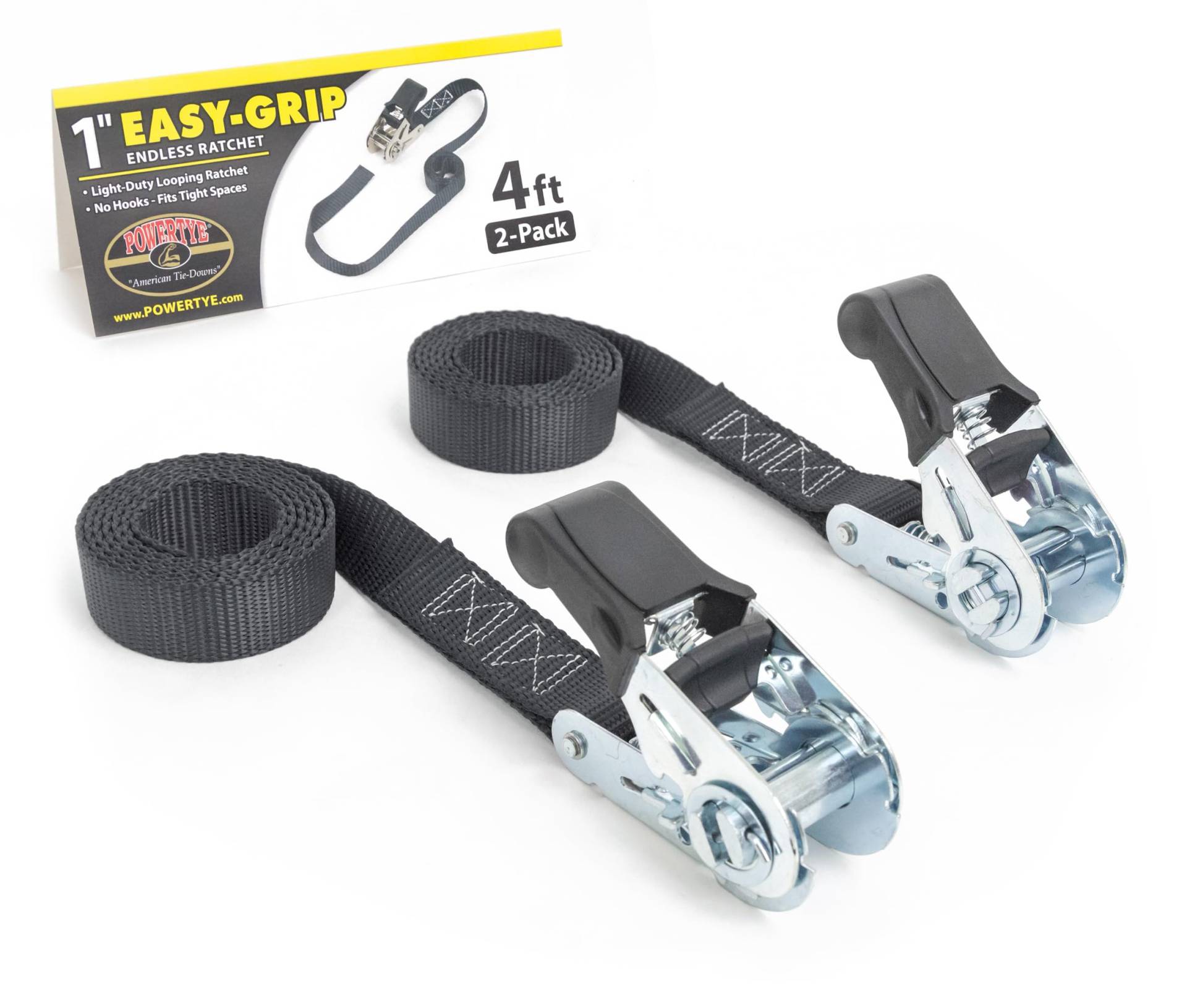 PowerTye 2,5 cm x 1,2 m Easy-Grip Leichtlast-Ratsche (Keine Haken) - 180 kg Arbeitslastgrenze / 0,5 kg Bruchfestigkeit - Schwarz 2er-Pack von Powertye