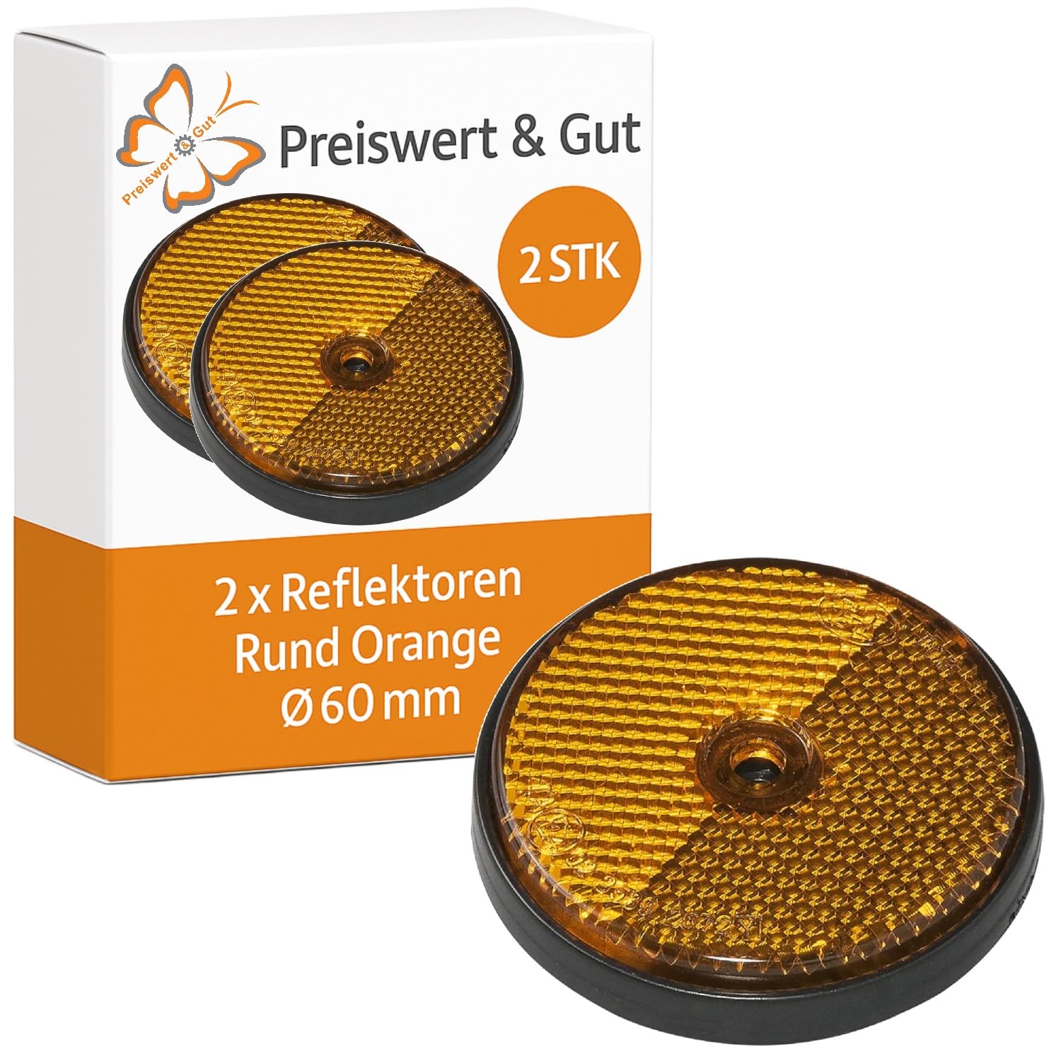 2 x Reflektor Orange Ø60 Rund Rückstrahler Anhänger PKW Seitenstrahler von Preiswert & Gut