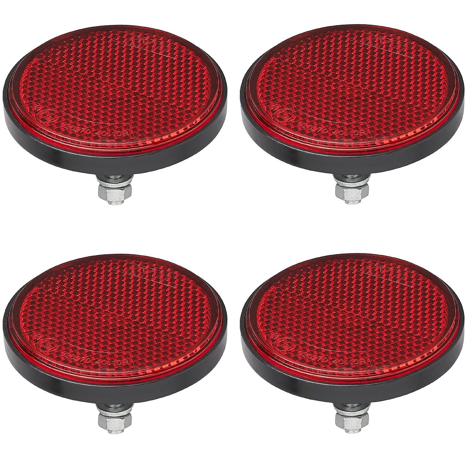 4x Seitenreflektoren Anhänger Ø60mm Rot – Reflektoren inkl. Boltz M5 Mutter und Unterlegscheibe – Katzenaugen mit Grundplatte – E-geprüfter Rund Reflektor Rückstrahler von Preiswert&Gut