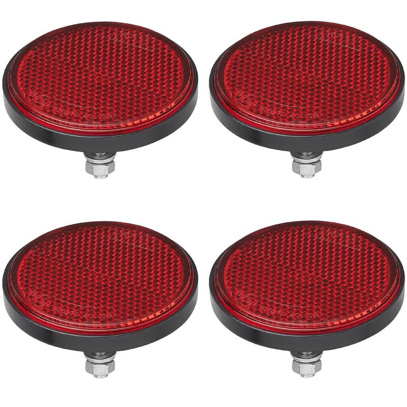4x Seitenreflektoren Anhänger Ø60mm Rot – Reflektoren inkl. Boltz M5 Mutter und Unterlegscheibe – Katzenaugen mit Grundplatte – E-geprüfter Rund Reflektor Rückstrahler von Preiswert&Gut