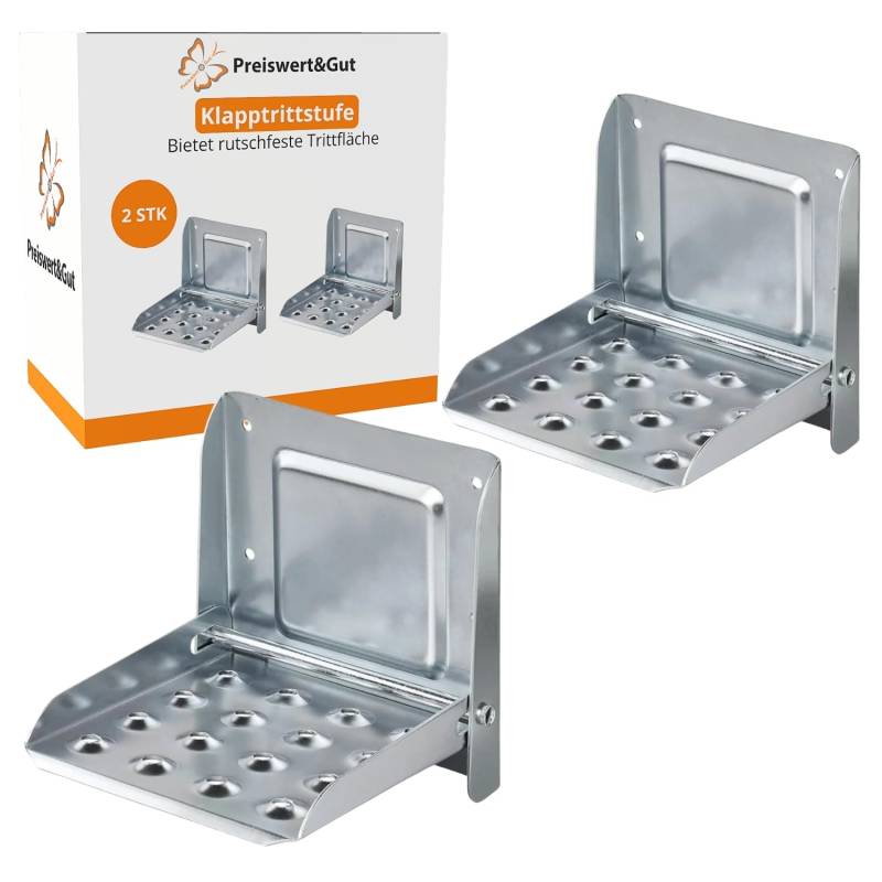 Preiswert&Gut 2X Fußrasten Trittstufen bis 150 kg – Verzinkte Klappleiter Trittstufe mit integrierter Aufklappsperre und Rutschfester Fläche 175x150 mm – Camping Steps & Trittbretter Wohnmobil von Preiswert & Gut