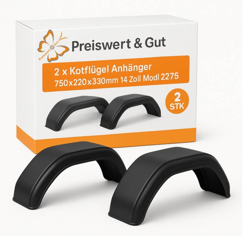 Preiswert&Gut 2 x Kotflügel für Anhänger 750 x 220 x 330 mm – Schutzblech stoßfest und UV-beständig, passend für Autoanhänger und Pferdeanhänger, elastisch verformbar, für 14 Zoll, Modell 2275 von Preiswert & Gut