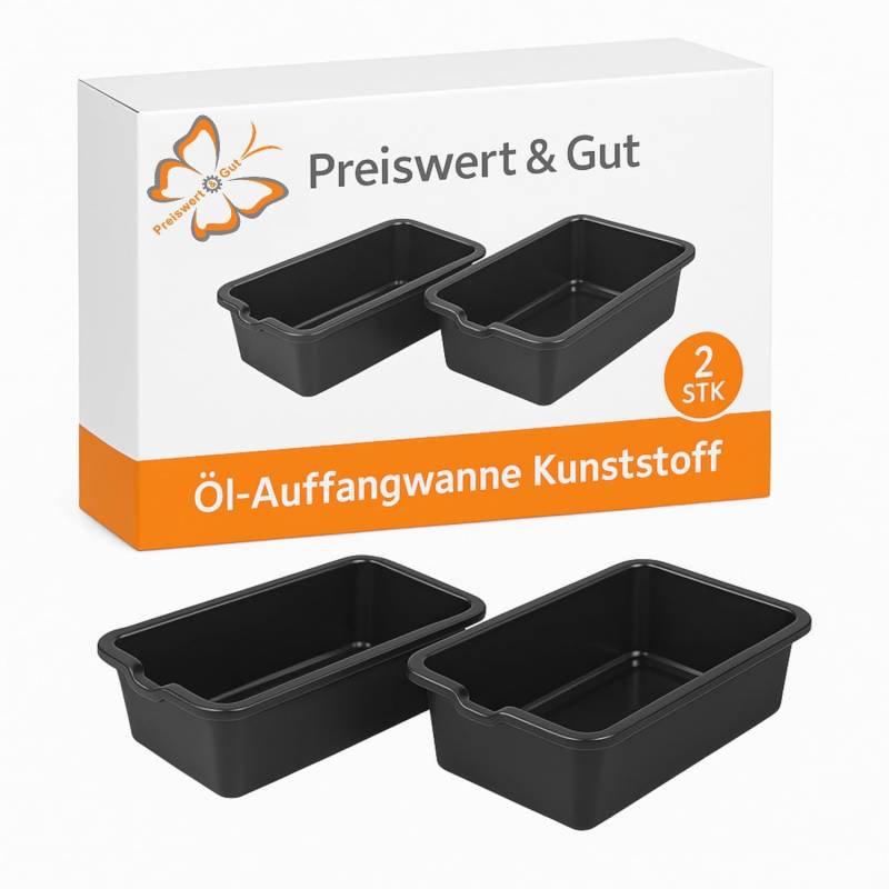 Preiswert&Gut 2 x Öl-Auffangwanne Kunststoff 6 Liter – Ölauffangbehälter mit Ausgießer, ideal für Ölwechsel, Abmessungen 390 x 225 x 125 mm, aus schwarzem Kunststoff, langlebig und leicht zu reinigen von Preiswert&Gut