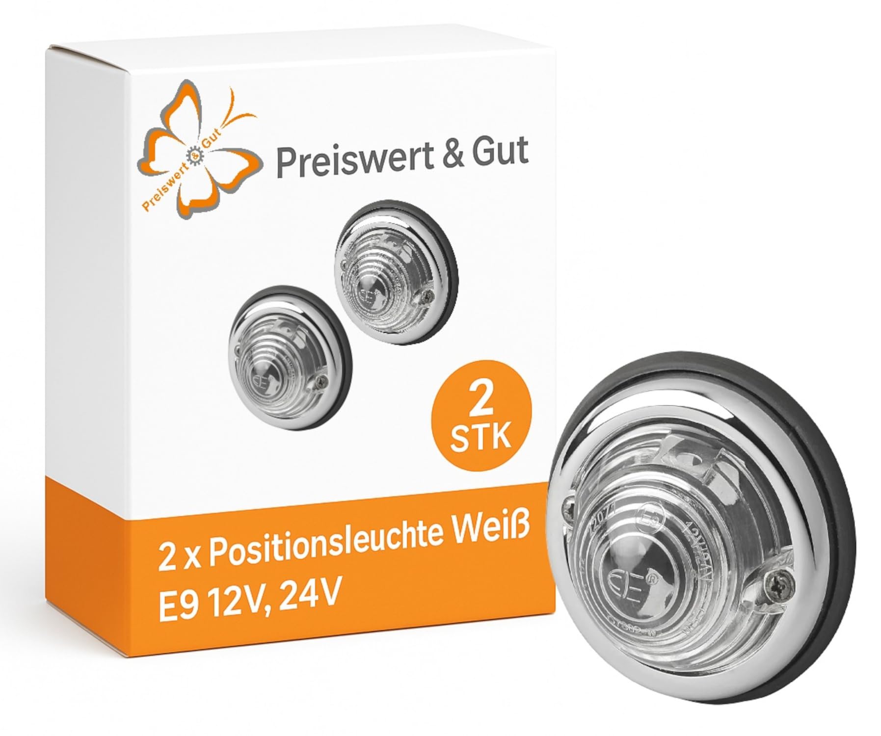 Preiswert&Gut 2x Positionsleuchte für Anhänger Beleuchtung E9-geprüfte – Weiß mit Silberring, für 12V und 24V, Ø 70mm, 37mm hoch – Seitenleuchten und Begrenzungsleuchte von Preiswert & Gut