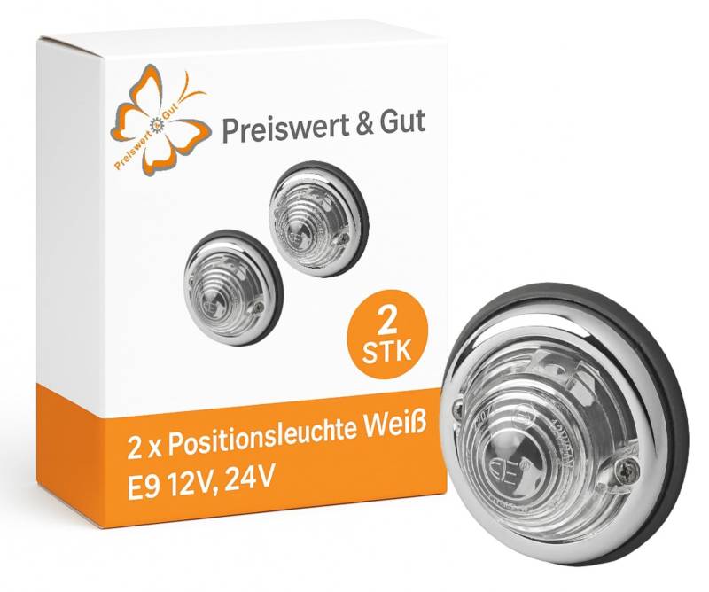 Preiswert&Gut 2x Positionsleuchte für Anhänger Beleuchtung E9-geprüfte – Weiß mit Silberring, für 12V und 24V, Ø 70mm, 37mm hoch – Seitenleuchten und Begrenzungsleuchte von Preiswert & Gut