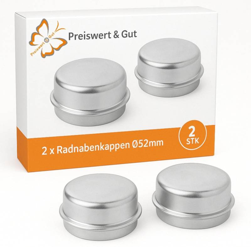 Preiswert&Gut 2 x Radschraubenkappen BZW. Radnabenkappen Durchmesser 52mm, Höhe ca. 26 mm– Silberne Staubschutzkappen aus Eisen für Anhänger – Nabendeckel von Preiswert&Gut