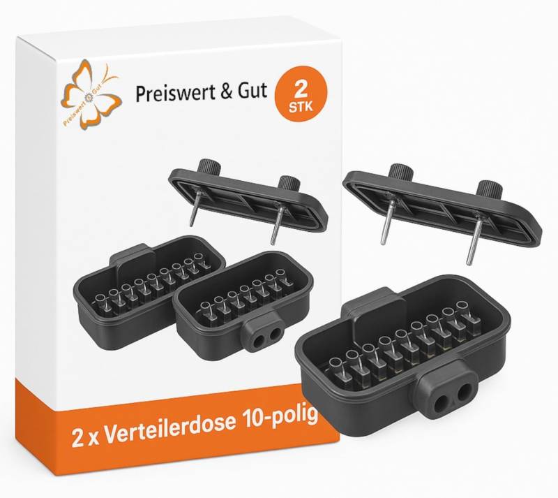Preiswert&Gut 2X Verteilerdose 10-polig - 8x4-polige Anhängerdose Elektrikdose Anschlussbox ca. 13x8cm - Spritzwassergeschützte - Klemmdose für Wohnmobile, Pkw, LKW, Anhänger, Traktoren, 6V/12V/24V von Preiswert&Gut