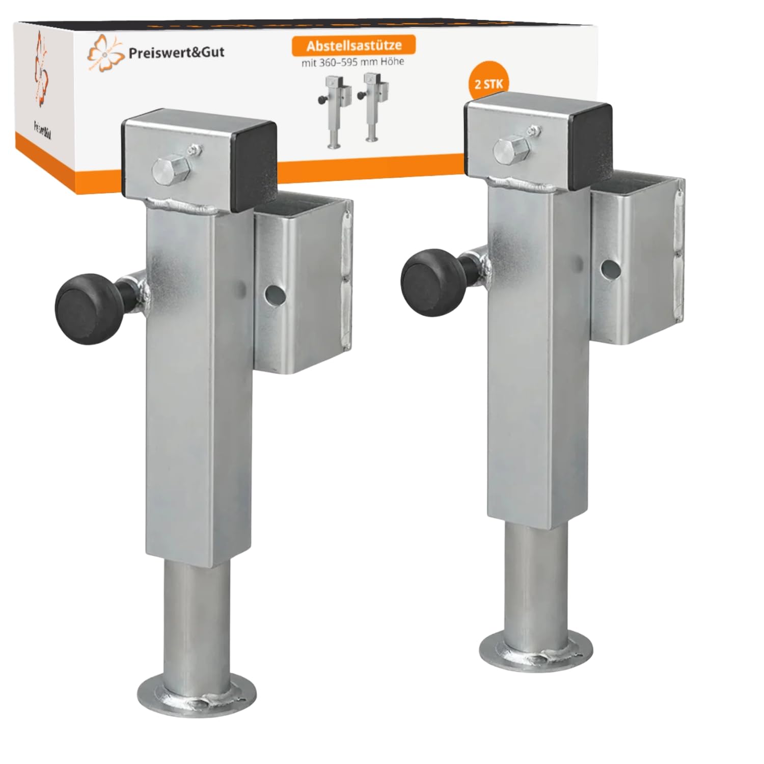 Preiswert&Gut 2X Anhänger Stützen SF60-D85-SW19-225+ADAP – Anhängerstütze bis jeweils 1350 kg Tragkraft – Klappbare Ausrehstütze mit 60x60 mm Rohr - verstellbare Höhe 360–595 mm von Preiswert & Gut