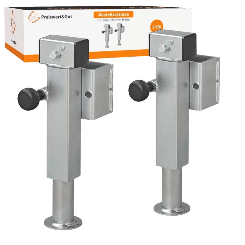 Preiswert&Gut 2X Anhänger Stützen SF60-D85-SW19-225+ADAP – Anhängerstütze bis jeweils 1350 kg Tragkraft – Klappbare Ausrehstütze mit 60x60 mm Rohr - verstellbare Höhe 360–595 mm von Preiswert & Gut