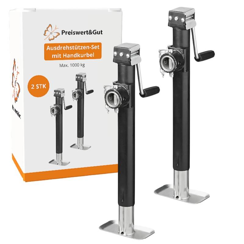 Preiswert&Gut 2X Ausdrehstützen mit Handkurbel für Anhänger und Wohnmobile aus verzinktem Stahl je 6340 Gramm – Klappbar, höhenverstellbar von 57-95 cm, Klappstütze mit 1000 kg Traglast Kurbelstützen von Preiswert&Gut