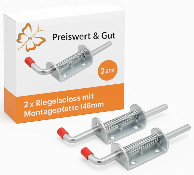 Preiswert&Gut 2X Federverriegelung mit Montageplatte und Ø10 mm vom Stift – Türriegel, Tor Riegel, Riegelschloss mit 4 Befestigungslöcher Ø6 mm für einfache Montage Federbolzen von Preiswert & Gut