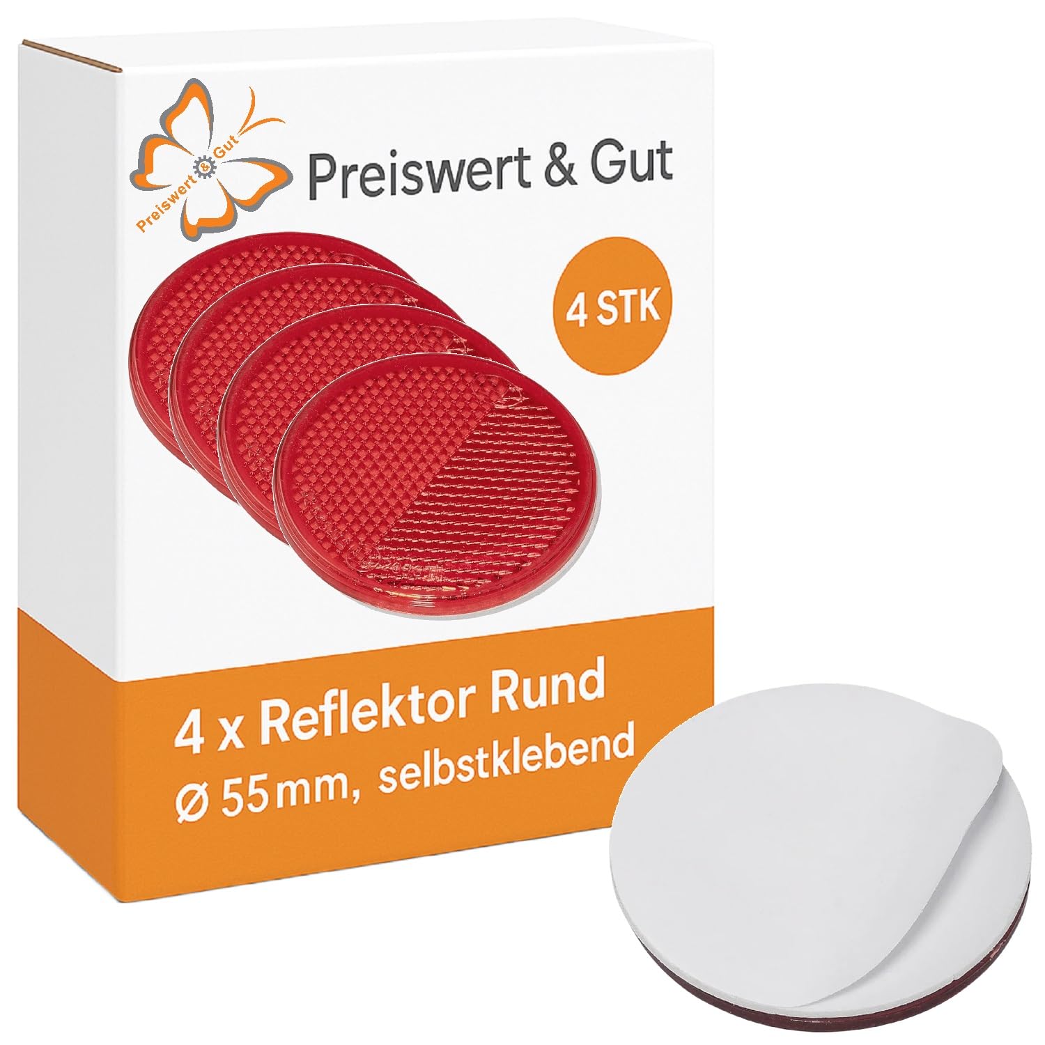 Preiswert&Gut 4X Seitenreflektoren Anhänger Reflektor Rund Rot Ø 55mm E4 Prüfzeichen Selbstklebend – Einfach Folie Abziehen Katzenaugen Rückstrahler für bessere Sichtbarkeit von Preiswert&Gut