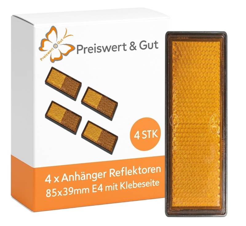 Preiswert&Gut 4X Anhänger Reflektoren in Orange als Set 85x39mm E4 – Rechteckige Seitenreflektoren mit Klebeseite als Rückstrahler verwendbar für den LKW, Wohnwagen und mehr von Preiswert & Gut