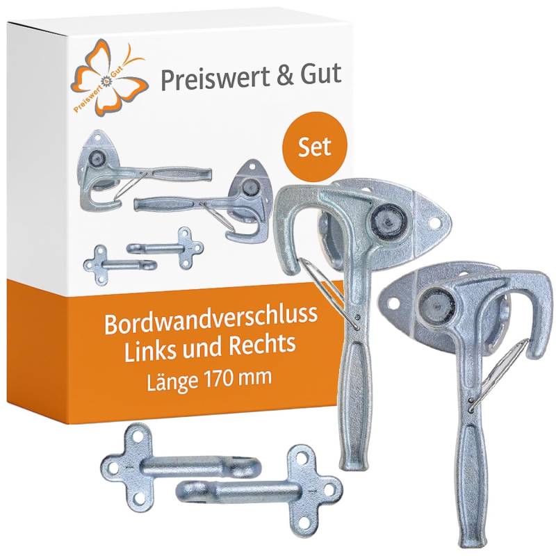 Preiswert&Gut Bordwandverschluss mit Federsicherung – Links & rechts – Hakenverschluss, L: 170 mm, Einbauhöhe ca. 35 mm – Klappenverschluss für Anhänger, Gartentor & Pferdebox von Preiswert & Gut