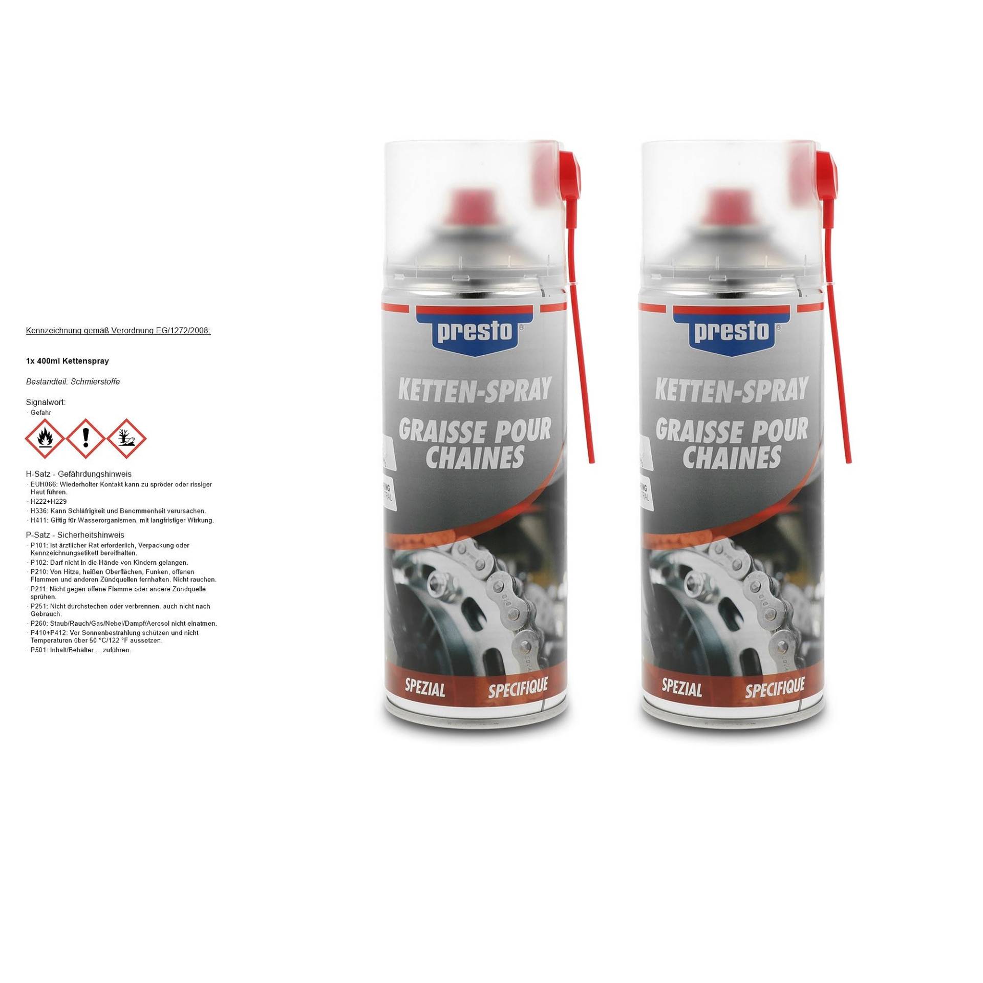 2x 400ml Presto Kettenspray Kettenfett Kettensprühfett Kettenpflege Kettenöl Spray Spraydose Dose von Presto
