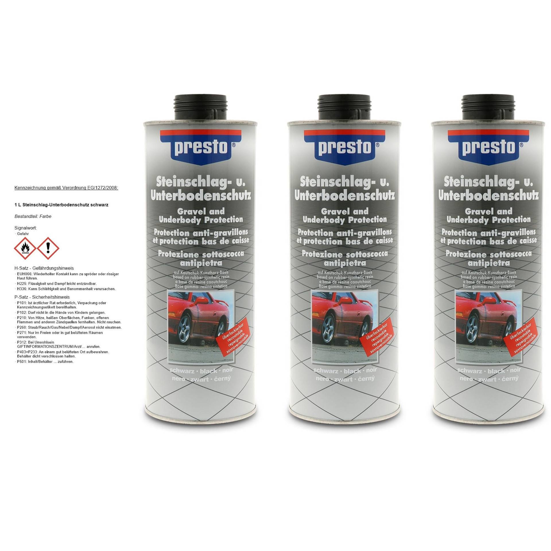 3x 1 L Liter Presto Steinschlag-Unterbodenschutz schwarz Steinschlagschutz überlackierbar Spritzpistolendose 3x 1 L Liter Presto Steinschlag-Unterbodenschutz schwarz Steinschlagschutz überlackierbar Spritzpistolendose von Presto