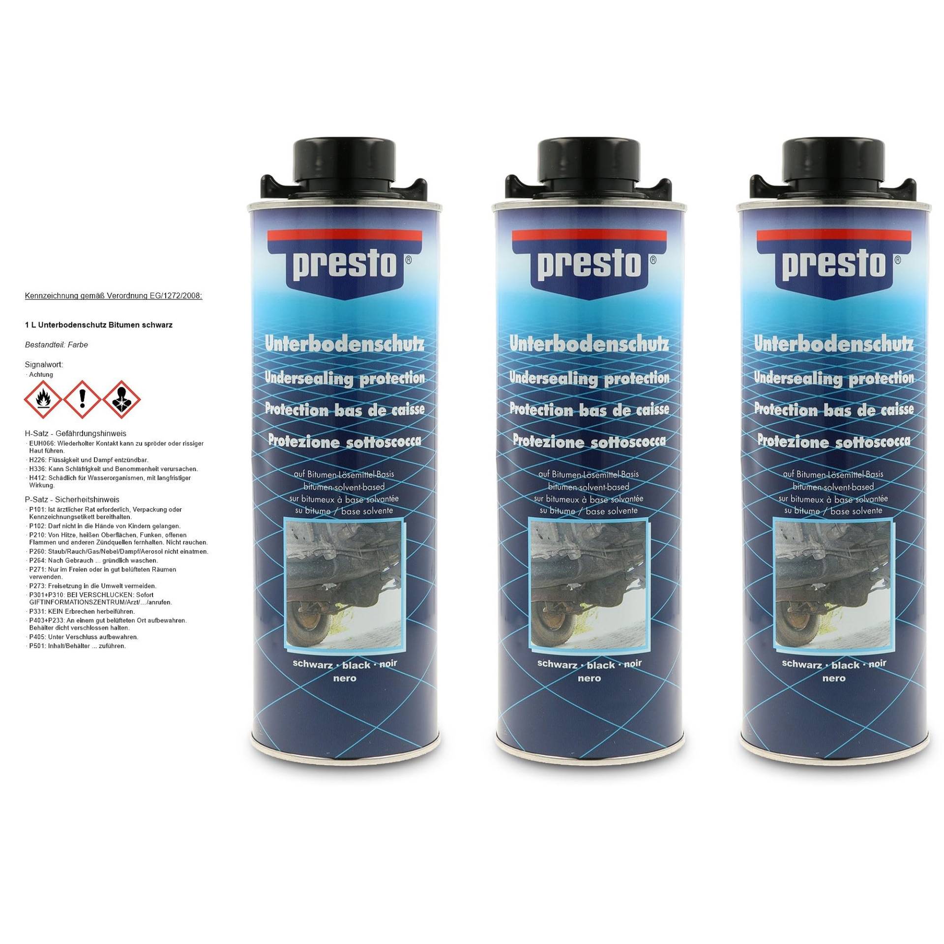3x 1 Liter Presto Unterbodenschutz UBS Bitumen schwarz Steinschlagschutz Spritzpistolendose 3x 1 Liter Presto Unterbodenschutz UBS Bitumen schwarz Steinschlagschutz Spritzpistolendose von Presto