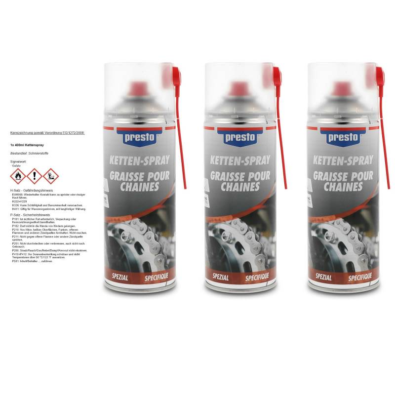 3x 400ml Presto Kettenspray Kettenfett Kettensprühfett Kettenpflege Kettenöl Spray Spraydose Dose von Presto