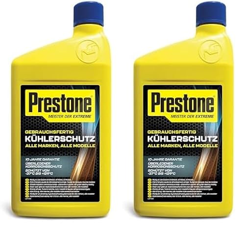 Prestone PAFR0057B Kühlerfrostschutz -37°C bis 129 °C, Korrosionsschutz 10 Jahre,Kühlerschutzmittel GEBRAUCHSFERTIG, Neue Formel 2024, 1L, Gelb (Packung mit 2) von Prestone