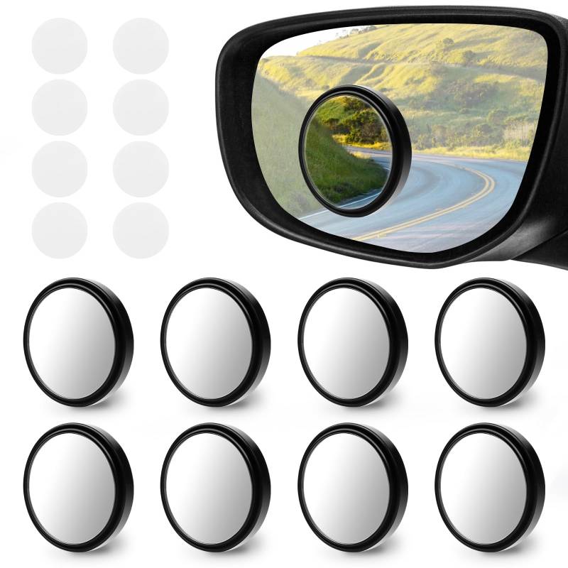 8Pack Toter-Winkel-Autospiegel,2 Zoll runder Seitenspiegel aus HD-Glas mit schwarzem Rahmen,360°-Weitwinkel,runder seitlicher konvexer Rückspiegel mit selbstklebender Klebefolie für Universalfahrzeuge von Pretwad