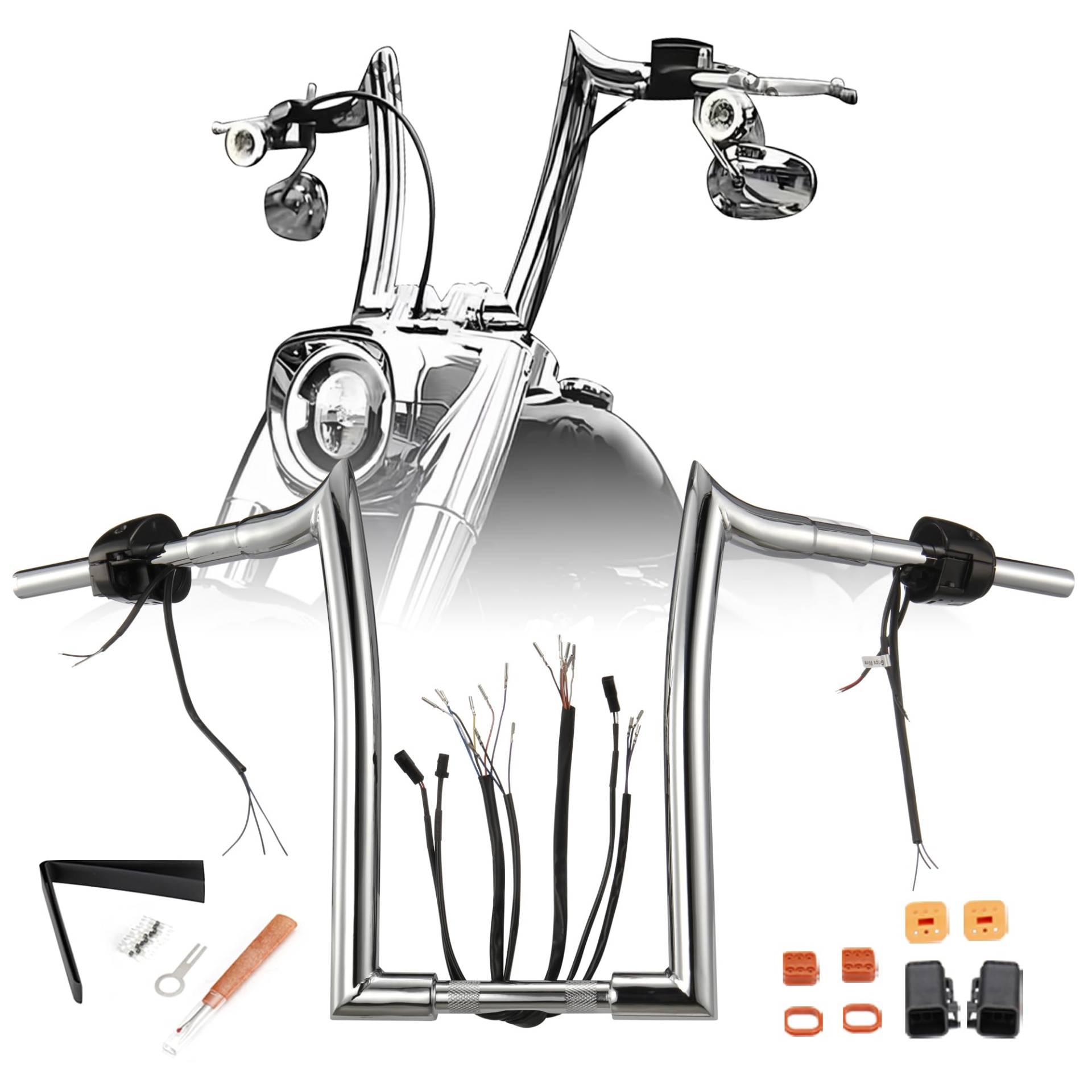 Prewired Ape Kleiderbügel für Harley Softail/Dyna/Sportster/Road King, Modell 1996–2006, 3,8 cm (1 1/2 Zoll), fette Meathook-Lenker mit linkem und rechtem Schalter & CAN-Bus & Blinker & beheizten von Prewired