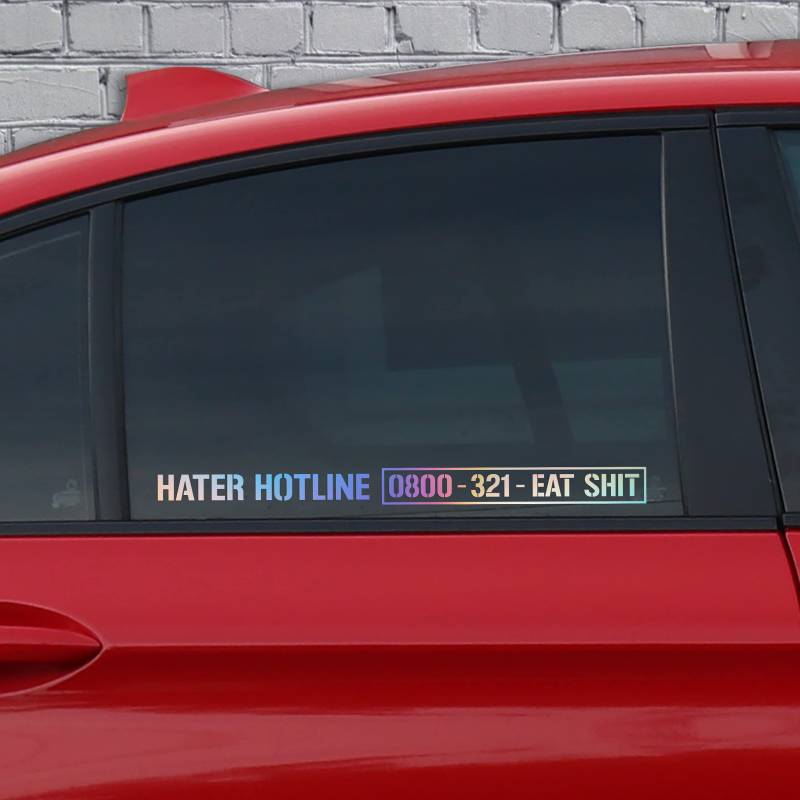 PrintAttack P026 Aufkleber 2er-Set Car Styling 35 cm in 15 Hater Hotline | Klebefolie | Fun | Sticker | Autoaufkleber | Decal | Tuning | Carstyling | Autosticker (Hologramm Folie) von PrintAttack