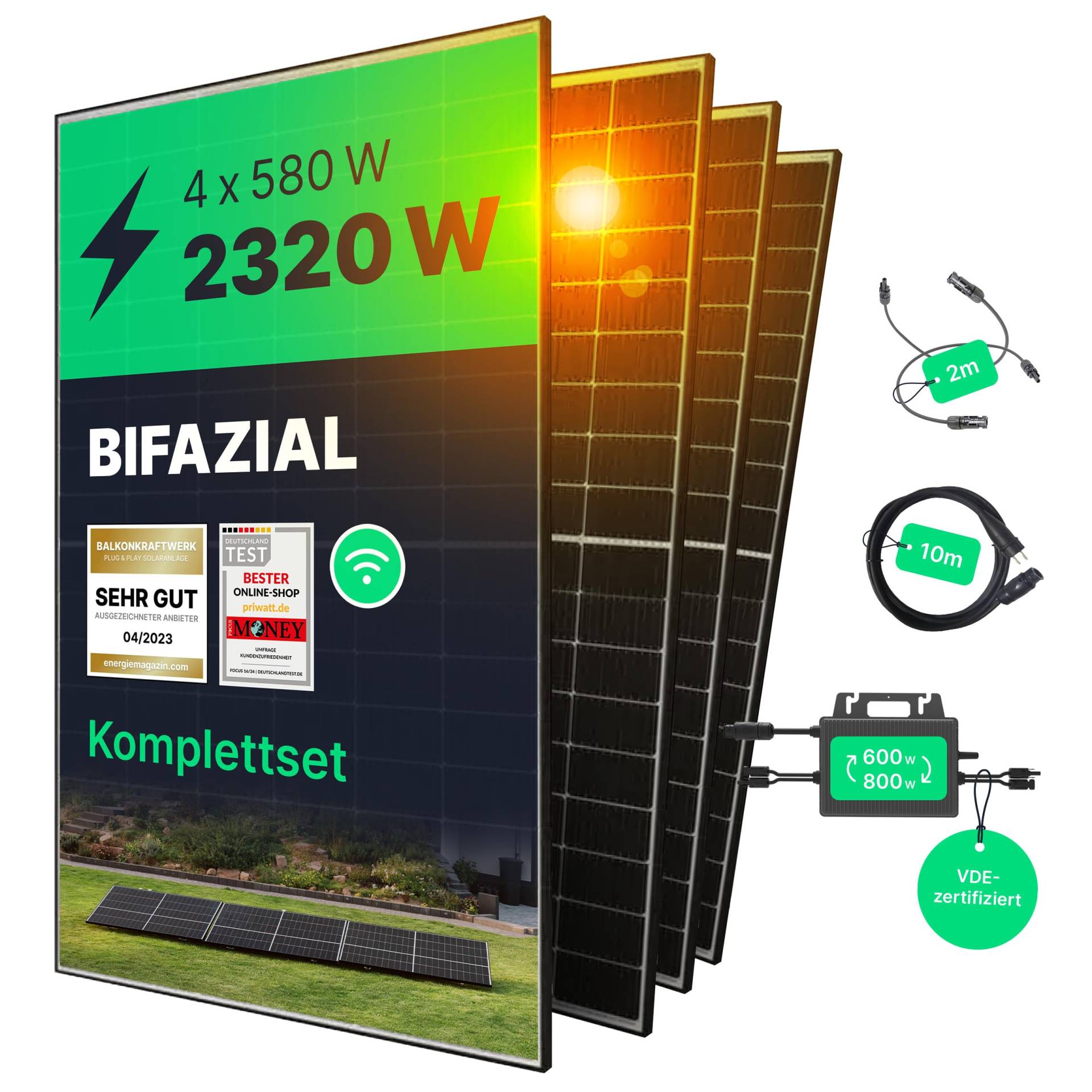 priwatt® Balkonkraftwerk priBasic Quattro XL [2320 Wp] ohne Halterung zur flexiblen Befestigung - Solaranlage Komplettset - 4 bifaziale Solarmodule, TSUN Wechselrichter & Kabel-Zubehör von Priwatt