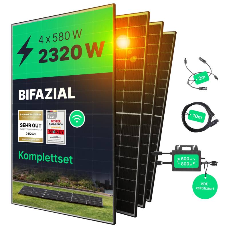 priwatt® Balkonkraftwerk priBasic Quattro XL [2320 Wp] ohne Halterung zur flexiblen Befestigung - Solaranlage Komplettset - 4 bifaziale Solarmodule, TSUN Wechselrichter & Kabel-Zubehör von Priwatt