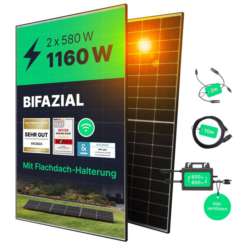 priwatt® Balkonkraftwerk priFlat Duo XL für Garten & Flachdach [1160 Wp] - Solaranlage Komplettset zur Selbstmontage - 2 bifaziale Solarmodule mit TSUN Wechselrichter, Halterung & Zubehör von Priwatt