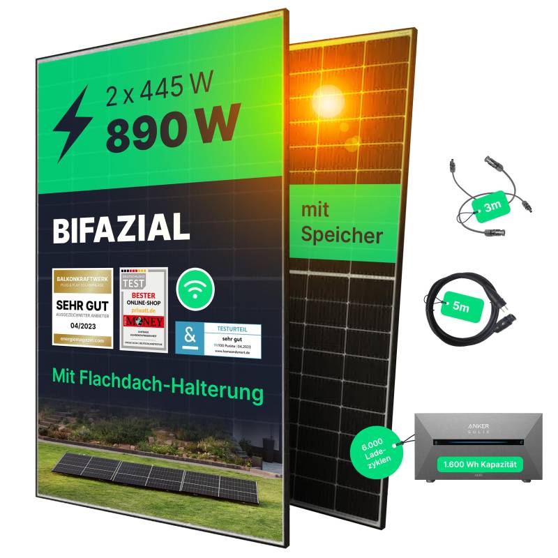 priwatt® Balkonkraftwerk priFlat Duo mit Speicher für Garten & Flachdach [890 Wp] - Solaranlage Komplettset zur Selbstmontage - 2 bifaziale Solarmodule mit Anker 2 Pro Solarspeicher & Halterung von Priwatt