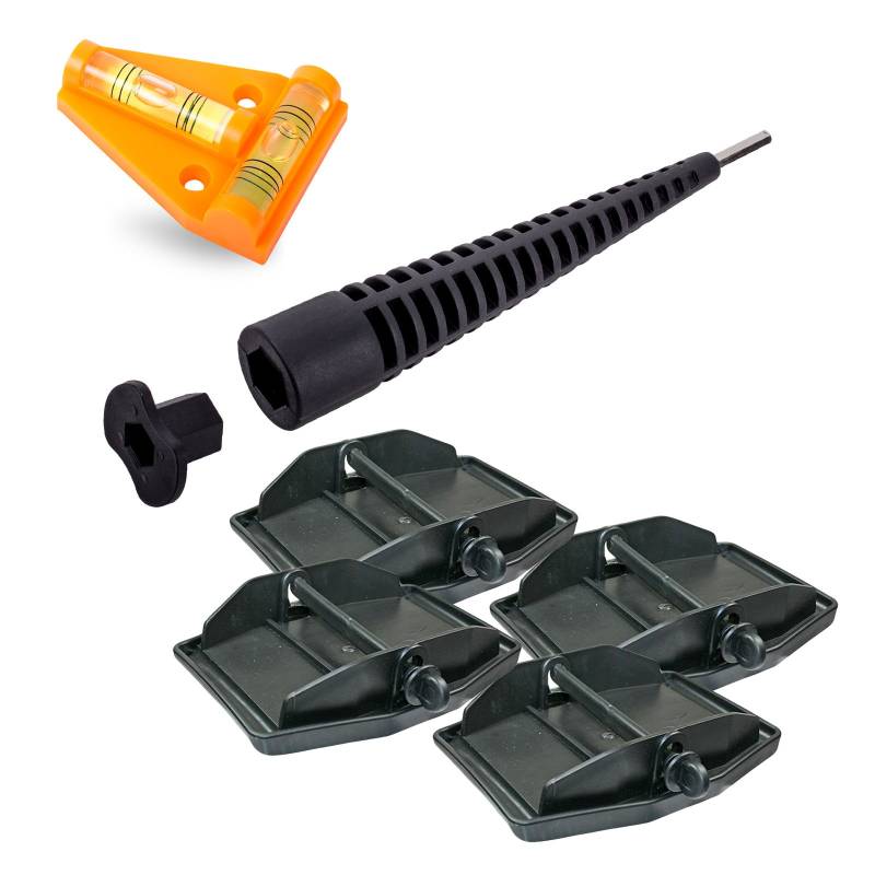 Maxi Foot Stützplatten Set - 4 Stück - zur Sicherung der Kurbelstütze inkl Akkuschrauberaufsatz und Kreuz Wasserwaage für Wohnmobil oder Wohnwagen von Pro Plus, Hypercamp