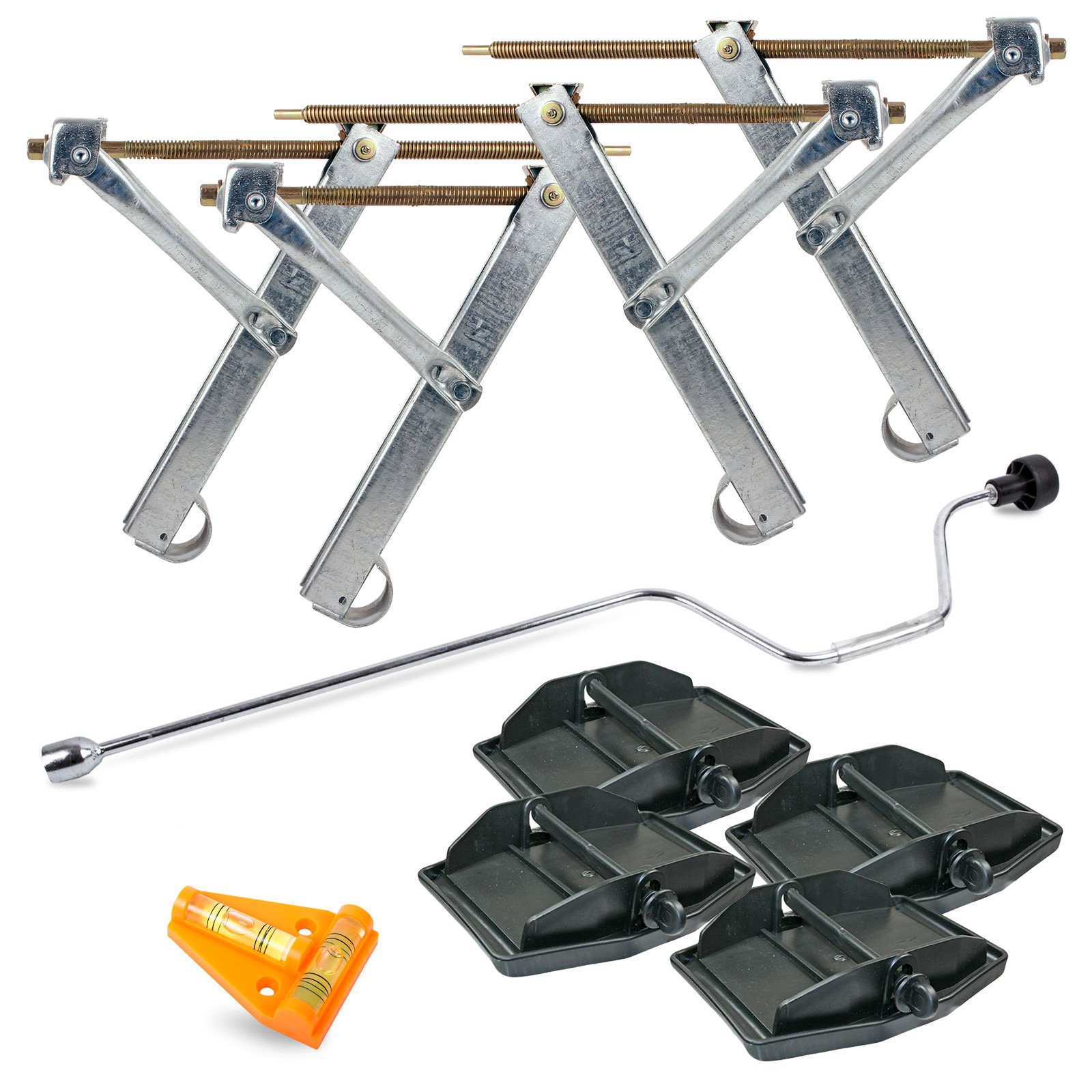 Ausdrehstützen 4 Stück + Handkurbel 19 mm + 4er Set Stützplatten + Kreuzwasserwaage für Wohnwagen Ausdrehstützen 4 Stück + Handkurbel 19 mm + 4er Set Stützplatten + Kreuzwasserwaage für Wohnwagen von ProPlus