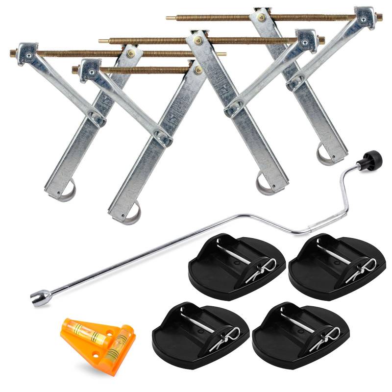 Ausdrehstützen 4 Stück + Handkurbel 19 mm + ProPlus 4er Set Stützplatten + Kreuzwasserwaage für Wohnwagen von ProPlus