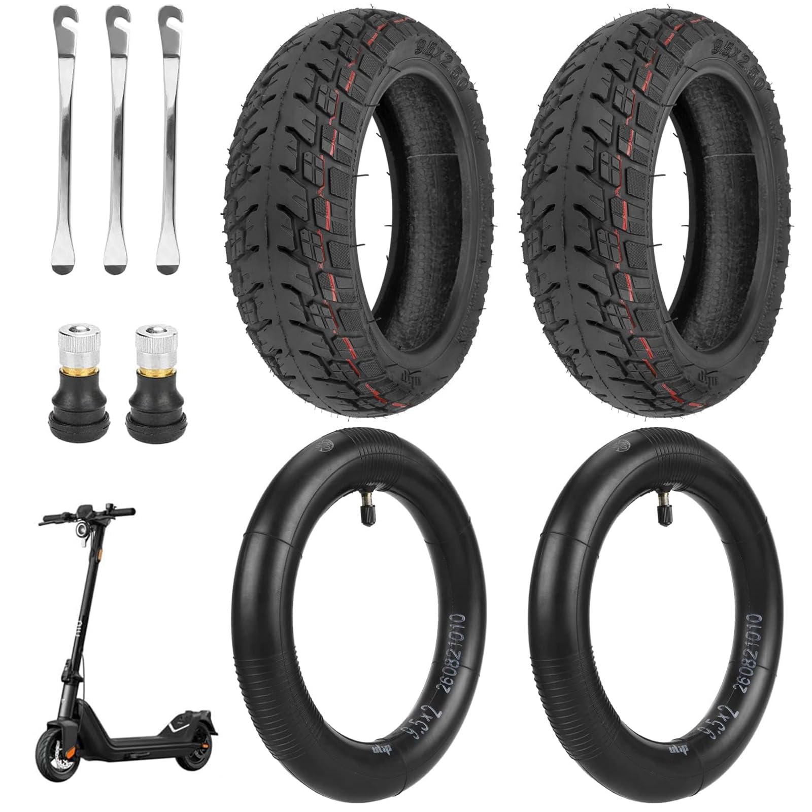 Prodrocam 9,5 Zoll Offroad Tubeless Reifen Kit für Niu KQI3 Max/Pro/Sport, 9,5 x 2,50 Vakuumreifen + 9,5 x 2 Schlauch Elektroroller Ersatzreifen Zubehör (Reifen*2 + Schlauch*2 + Brechstange) von Prodrocam