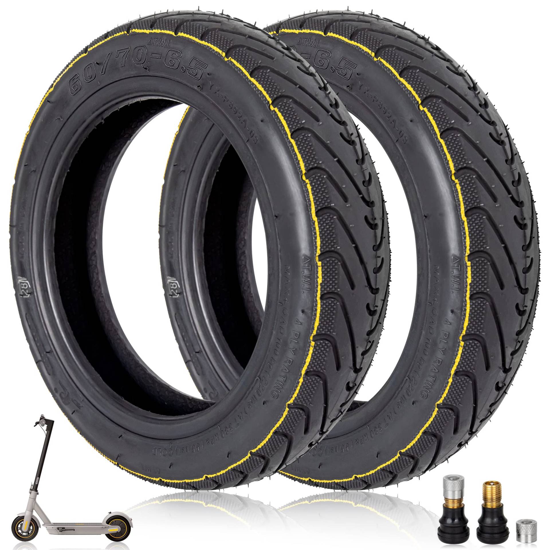 Prodroam 10 Zoll Reifen Tubeless 60/70-6.5 für Segway Ninebot Max G30 G30D 2 G30E 2 G30P G30LP Elektroroller Ersatzreifen Vorne Hinten mit Ventil, Kein selbstheilender (Gelber Streifen-2 PCS) von Prodrocam