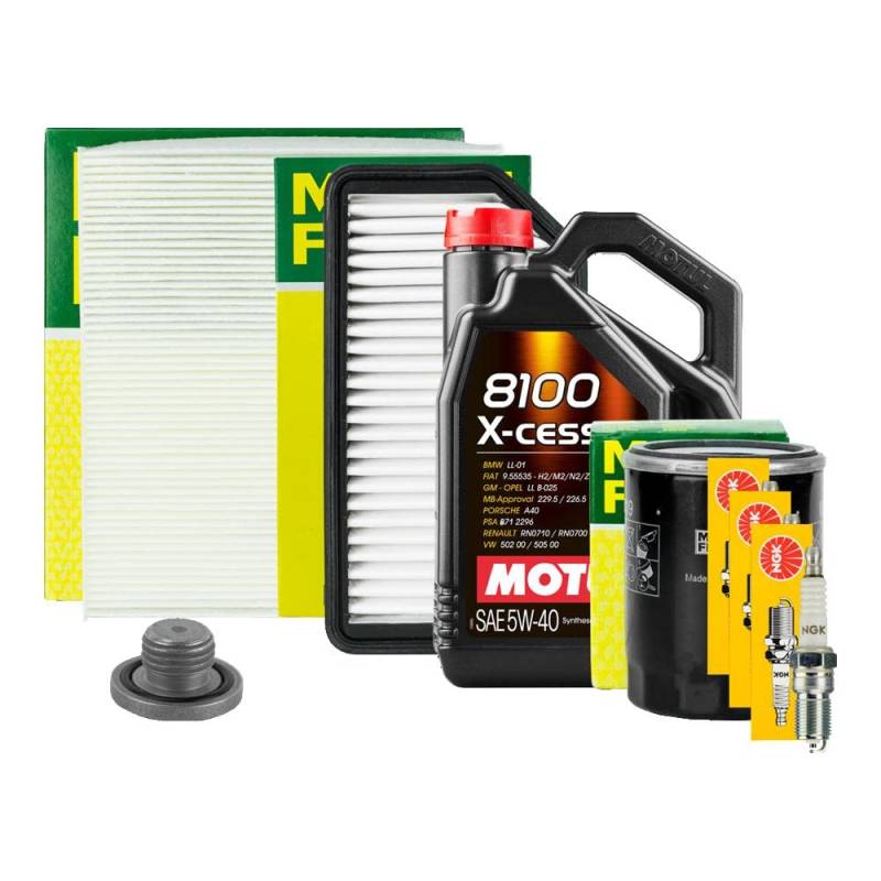 Motul Ölwechselset: Motoröl 8100 X-Cess 5W40 5L + Ölfilter Luftfilter Innenraumfilter Zündkerzen Schraube+Dichtung Inspektionspaket von Profiteile