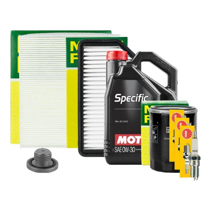 Motul Ölwechselset: Motoröl Specific 2312 0W30 5L + Ölfilter Luftfilter Innenraumfilter Zündkerzen Schraube+Dichtung Inspektionspaket von Profiteile