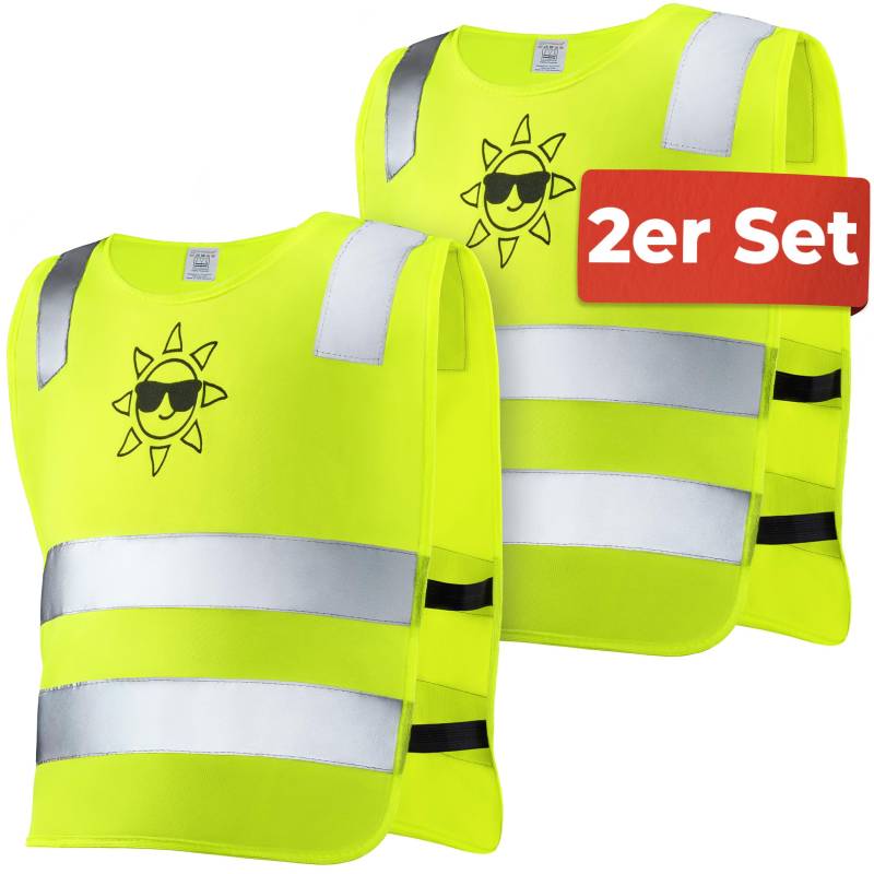 Prowiste 2er Kinder Weste Set Gelb - 𝗦𝘁𝗮𝗿𝗸 𝗦𝗶𝗰𝗵𝘁𝗯𝗮𝗿 - Universal Größe 2-12 Jahren - Geprüfte EN 1150:1999 Zertifizierung von Prowiste