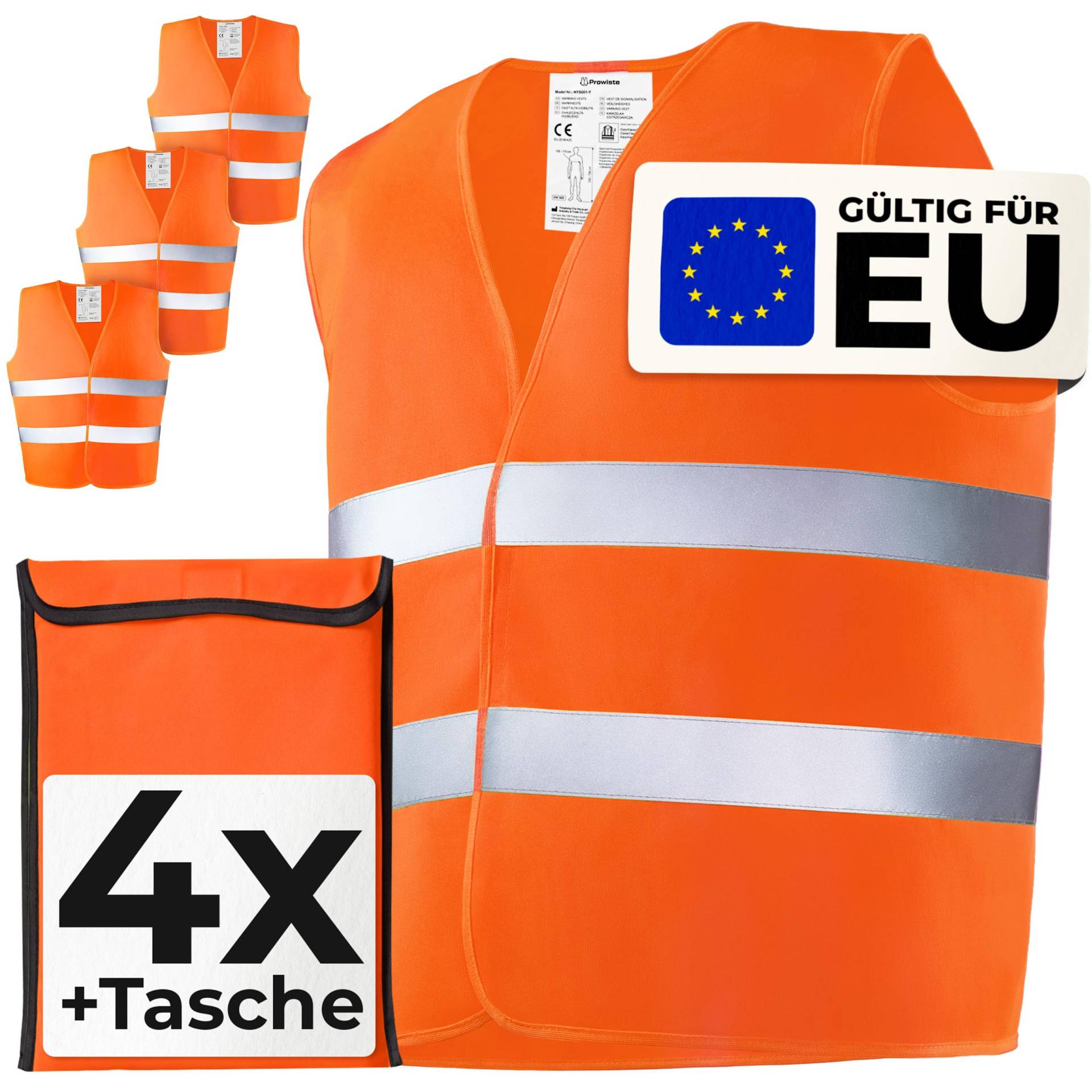Prowiste 4 Sicherheitsweste - Warnwesten Set mit Tasche – Geprüfte EN ISO 20471, Europaweit gültig – Ideal für Baustelle, Auto - Universalgröße - Orange Prowiste 4 Sicherheitsweste - Warnwesten Set mit Tasche – Geprüfte EN ISO 20471, Europaweit gültig – Ideal für Baustelle, Auto - Universalgröße - Orange von Prowiste