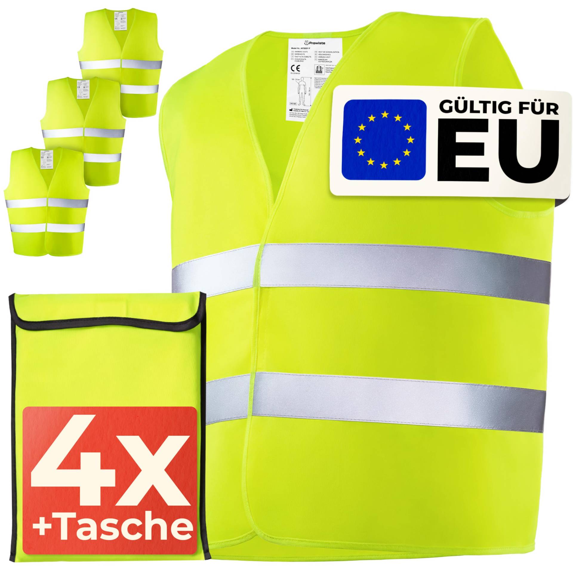 Prowiste 4 Warnwesten Auto Set mit Tasche – Geprüfte EN ISO 20471, Europaweit gültig – Ideal für Auto, BAU - Universalgröße - Gelb Prowiste 4 Warnwesten Auto Set mit Tasche – Geprüfte EN ISO 20471, Europaweit gültig – Ideal für Auto, BAU - Universalgröße - Gelb von Prowiste