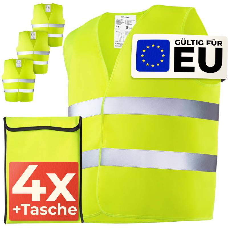 Prowiste 4 Warnwesten Auto Set mit Tasche – Geprüfte EN ISO 20471, Europaweit gültig – Ideal für Auto, BAU - Universalgröße - Gelb von Prowiste
