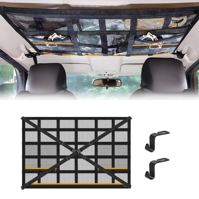 Pumwoy Gepäcknetz Autodach 90 * 65cm, Autodach Gepäcknetz Decke Gepäcknetz Auto für Aufbewahrung, Universal Dach Autonetz Organizer Netz, Autodach Aufbewahrung für Vier Dach Armlehnen Jeeps, Van, SUV von Pumwoy