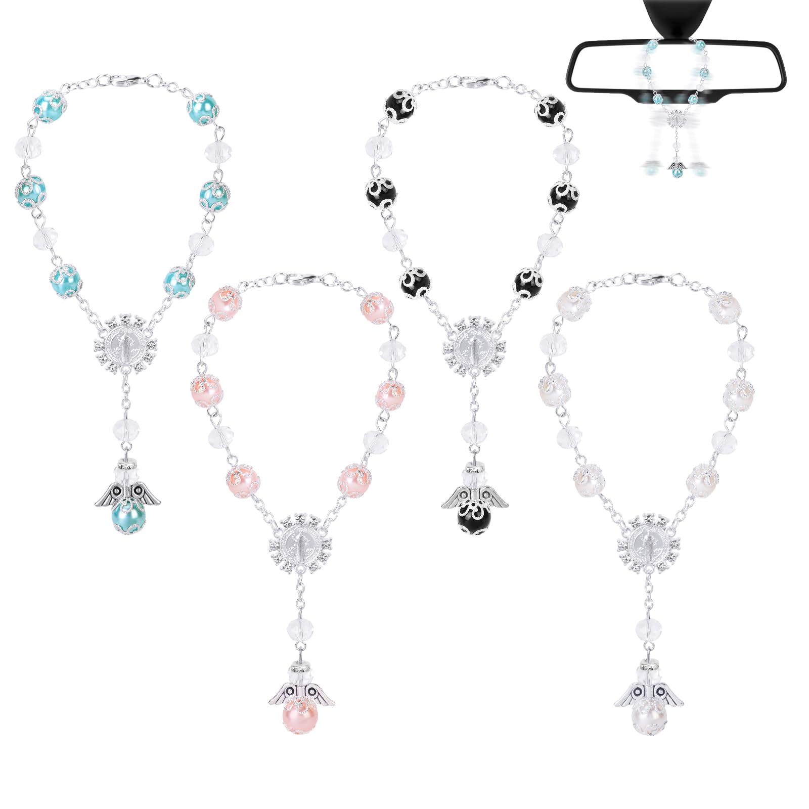 4 Stück Auto Anhänger Swinging Car Accessories,Taufe Rosenkranz-Perlen Katholisch Auto Rückspiegel Innen Dekoration Hänge Ornament Armbänder Spiegel Charms Zubehör Kreuz-Autospiegel Hängende Zubehör 4 Stück Auto Anhänger Swinging Car Accessories,Taufe Rosenkranz-Perlen Katholisch Auto Rückspiegel Innen Dekoration Hänge Ornament Armbänder Spiegel Charms Zubehör Kreuz-Autospiegel Hängende Zubehör von Pwsap
